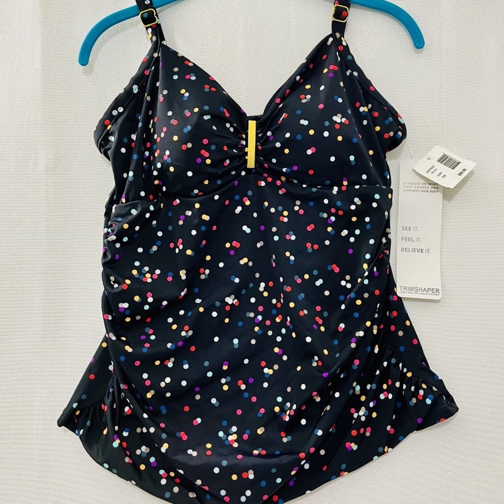 Trimshaper Black Tankini with Confetti Polka Dot pattern Women's Size 14 NWT